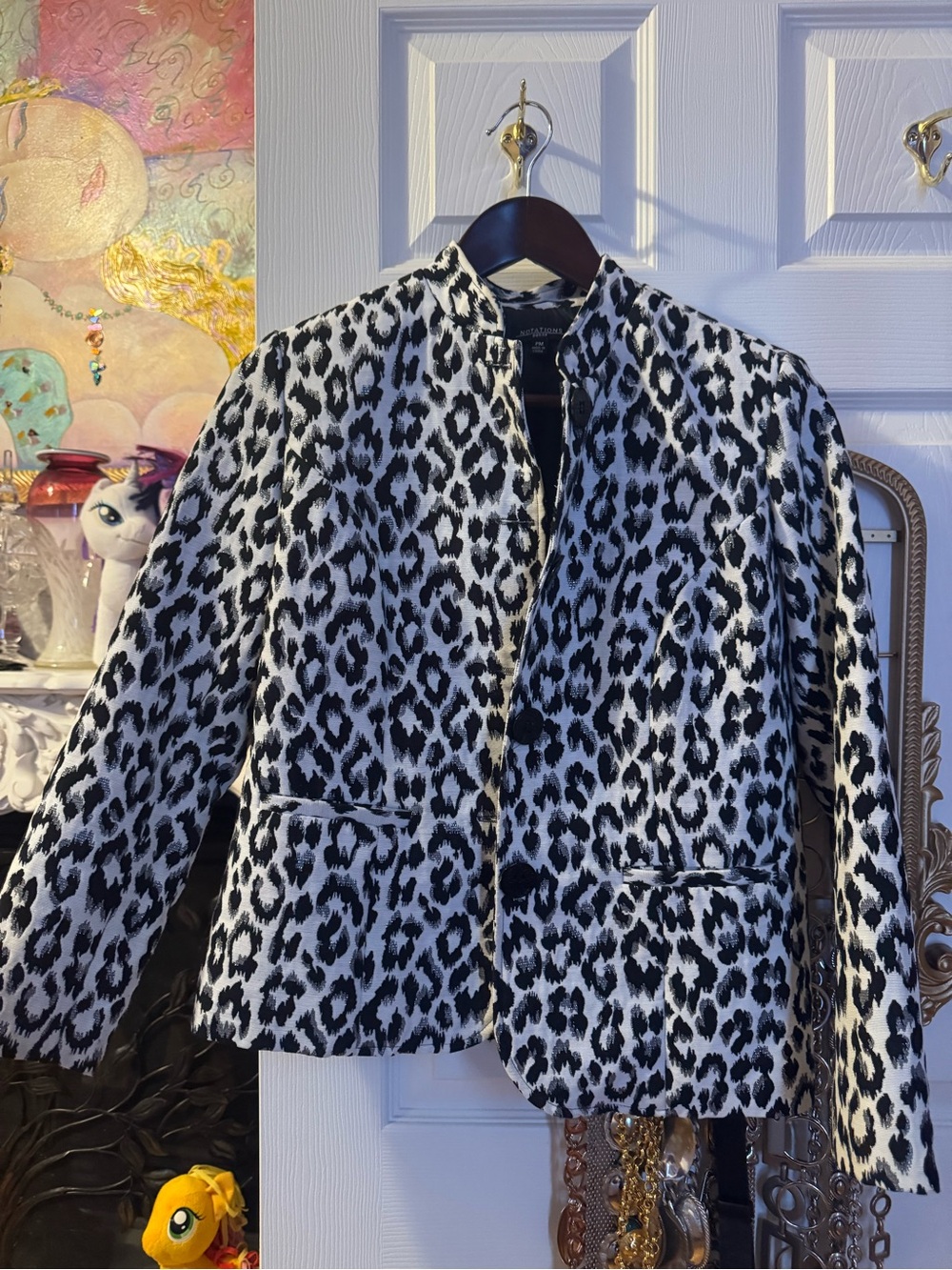Notations Black and White Leopard-Print Collarless Blazer
